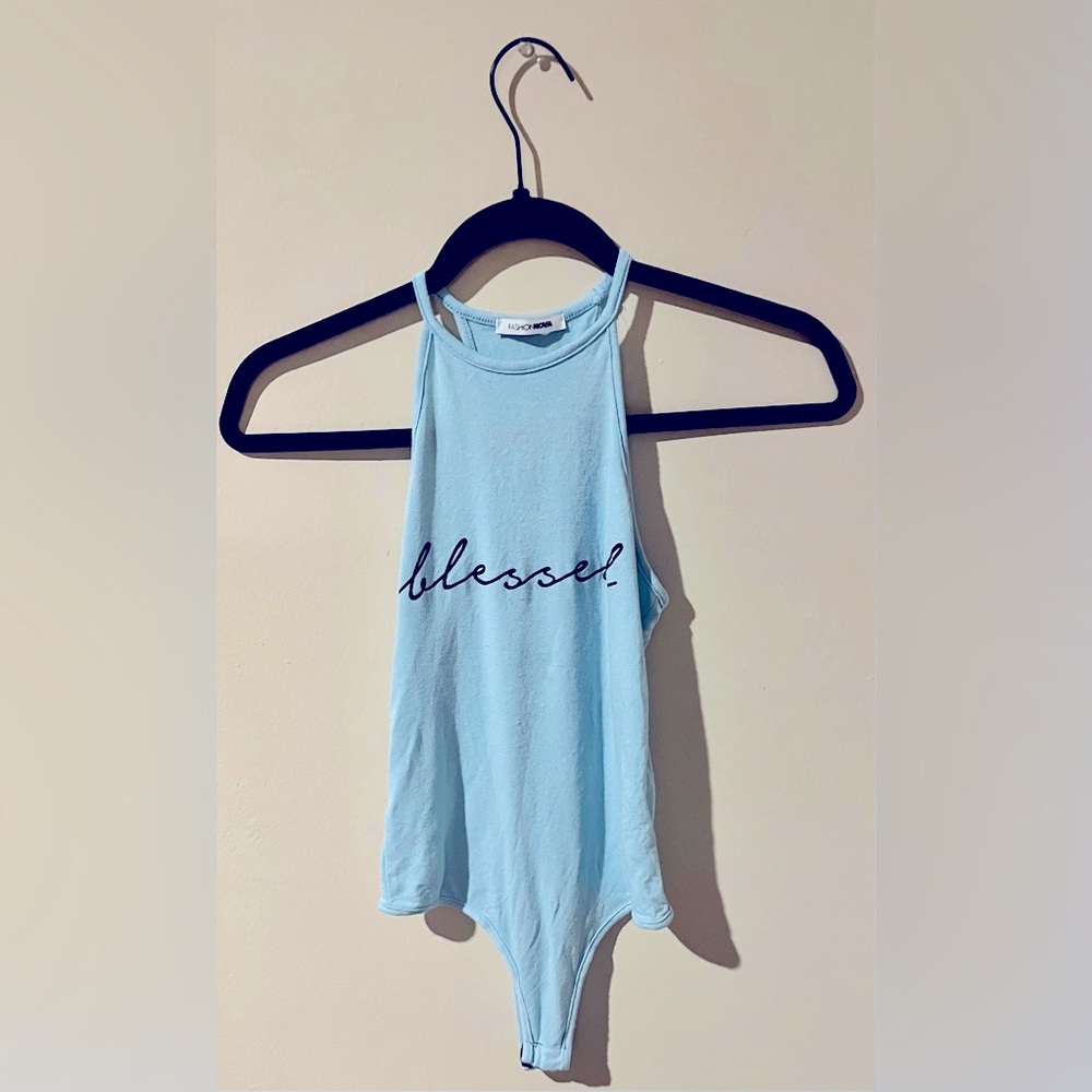 Fashion Nova’s XS Light Blue “Blessed” Bodysuit